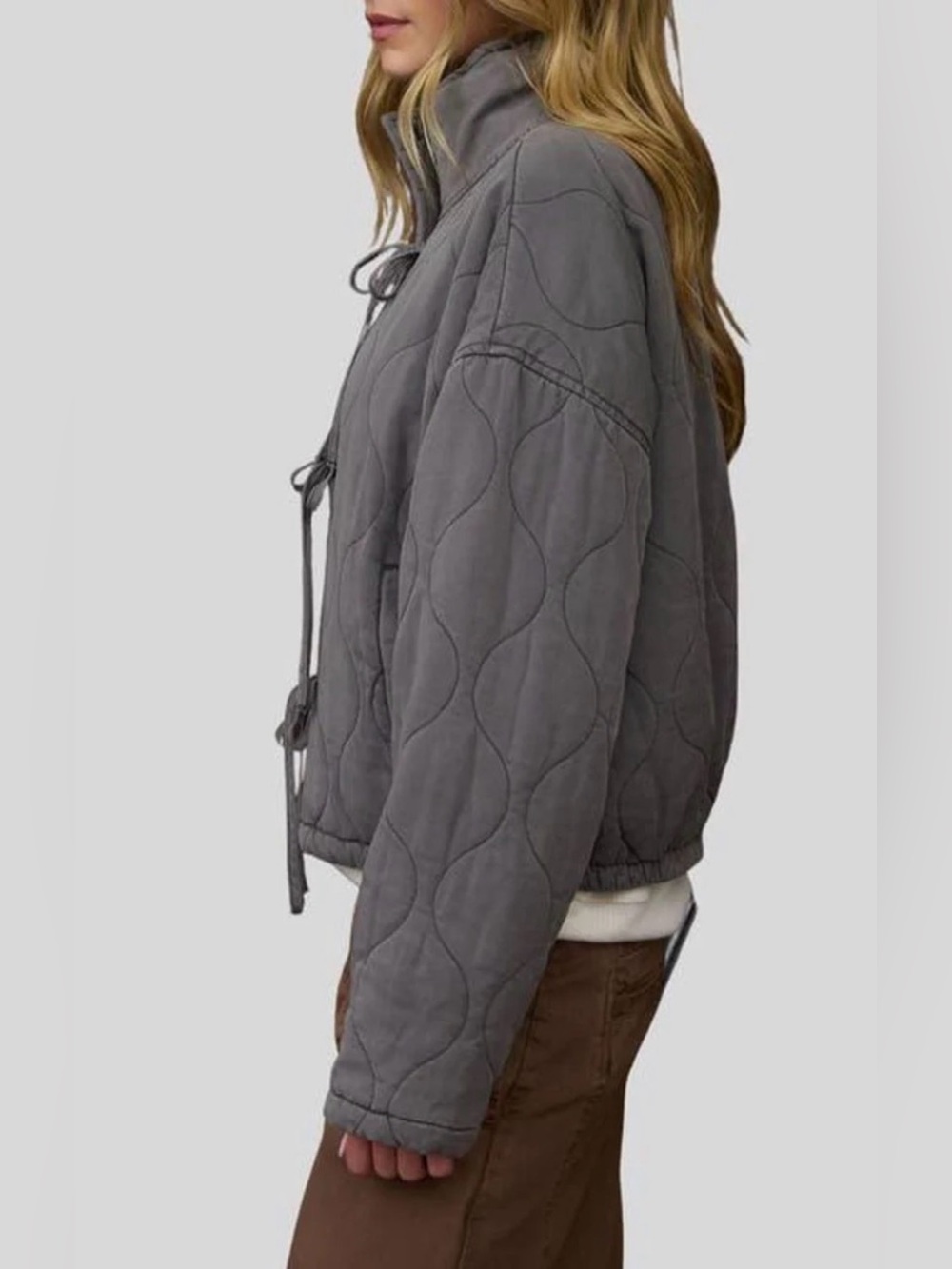 Altar'd State Quilted Tie-Front Puffer Jacket - Gray - Picture 2 of 6